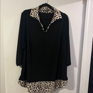 Adrianna Papell Black Tunic Top with Leopard Print Accents